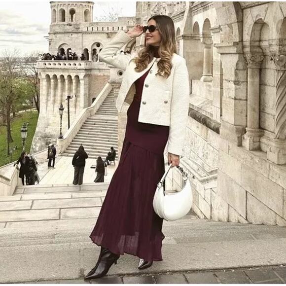 ZARA High-Waisted Pleated Skirt NWT | Burgundy Midi Mixed Media M - Picture 9 of 16